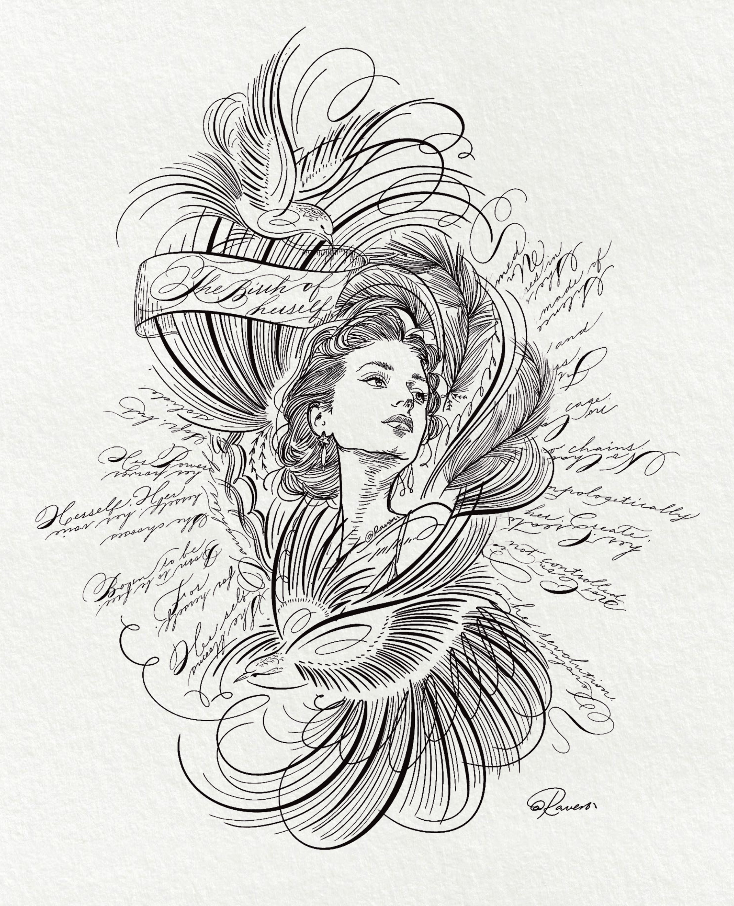 The Birth of Herself, an ink drawing by Raven Hsieh